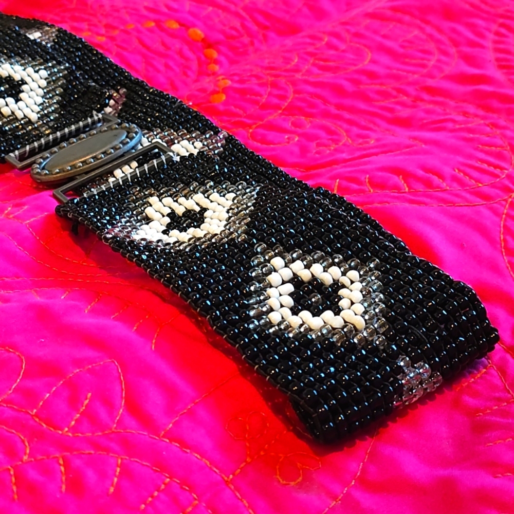 VINTAGE black, gold & white handmade beaded belt